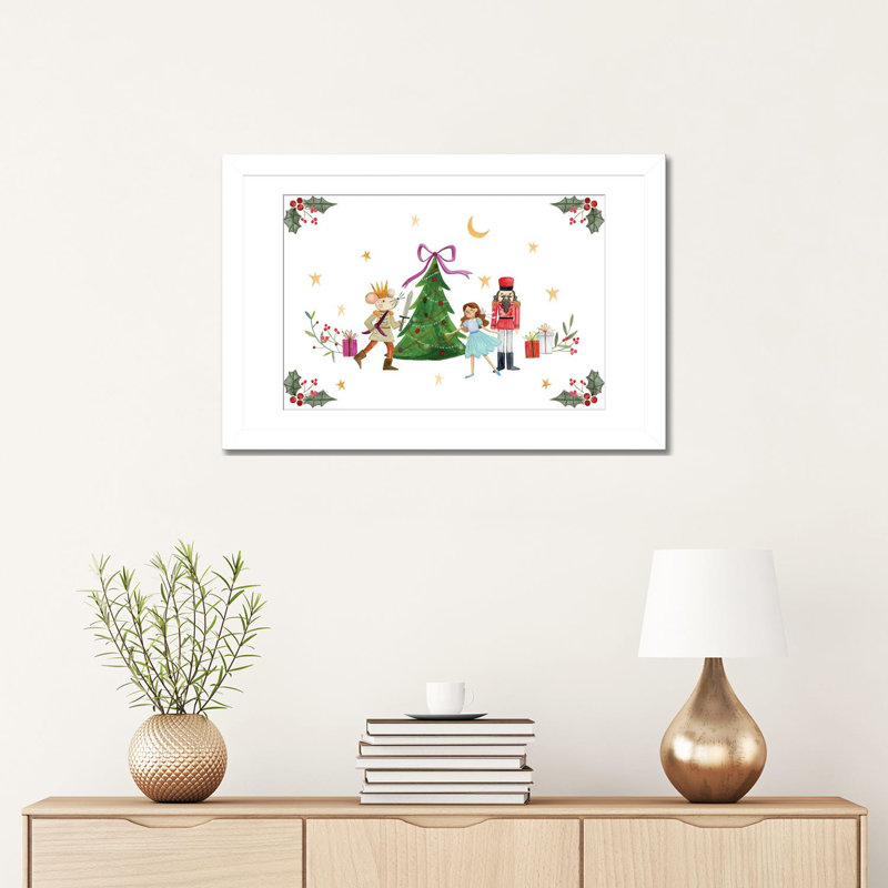 Casse-noisette autour de l'arbre de Noël - reproduction d'art murale - papier d'art encadré, H 16 po x l 24 po, Blanc