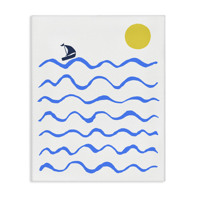 «Blue Waves & Sailboat Doodle», art mural sur toile par Ahmad Mêmeh Hussein, H 40 po x l 30 po