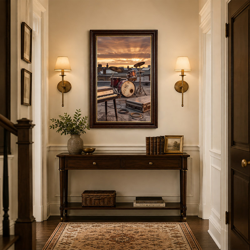 «Drum Kit and clavier sur le toit au coucher du soleil», art mural, 18"H x 12"W