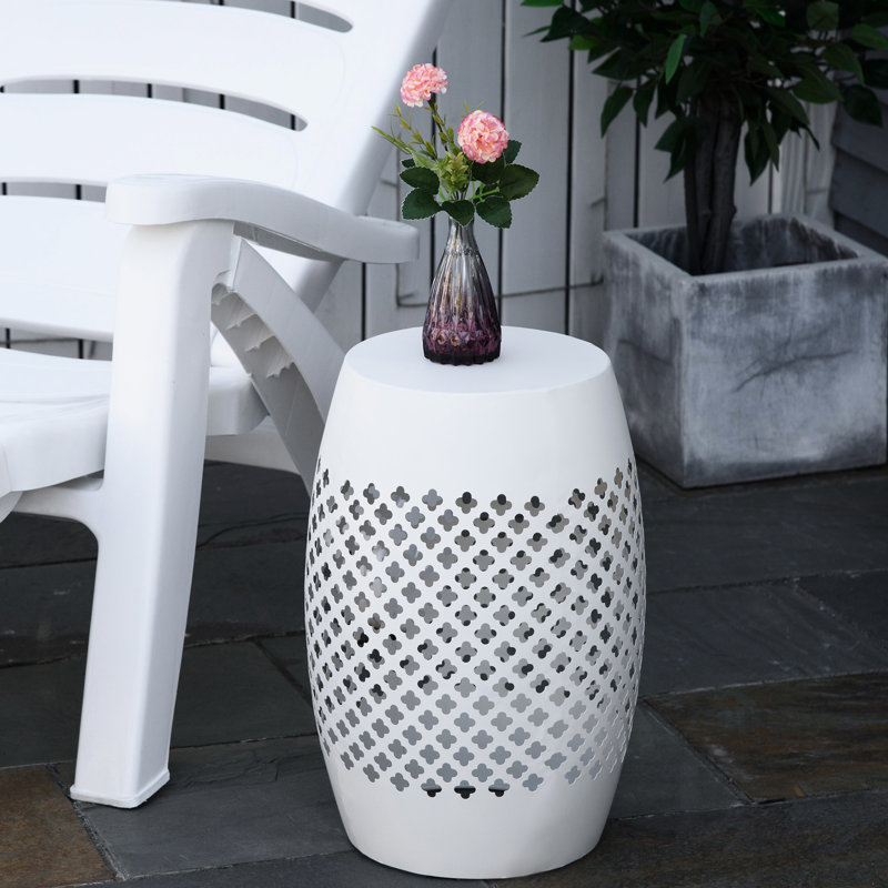 Table de bout de patio blanche en acier de 12,5 po, côté tambour rond et fiable pour le jardin, le patio, la cour arrière, l'intérieur et l'extérieur