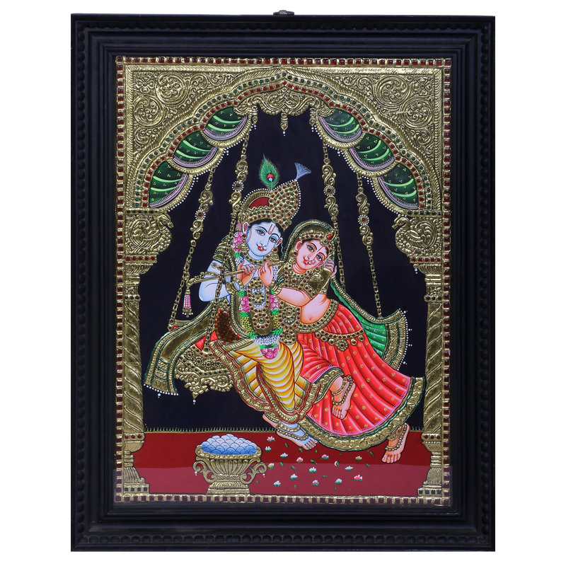 Peinture de Radha Krishna sur une balançoire Tanjore | Couleurs traditionnelles avec or 24 carats | Structure en bois de teck