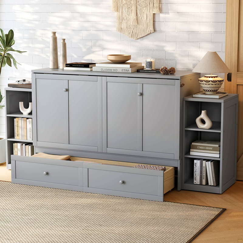 Grand lit escamotable avec tiroirs et tablettes de rangement spacieux, Gris clair, Grand lit