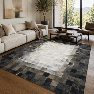 Tapis patchwork en cuir de vache gris fait à la main, tapis en cuir de luxe moderne