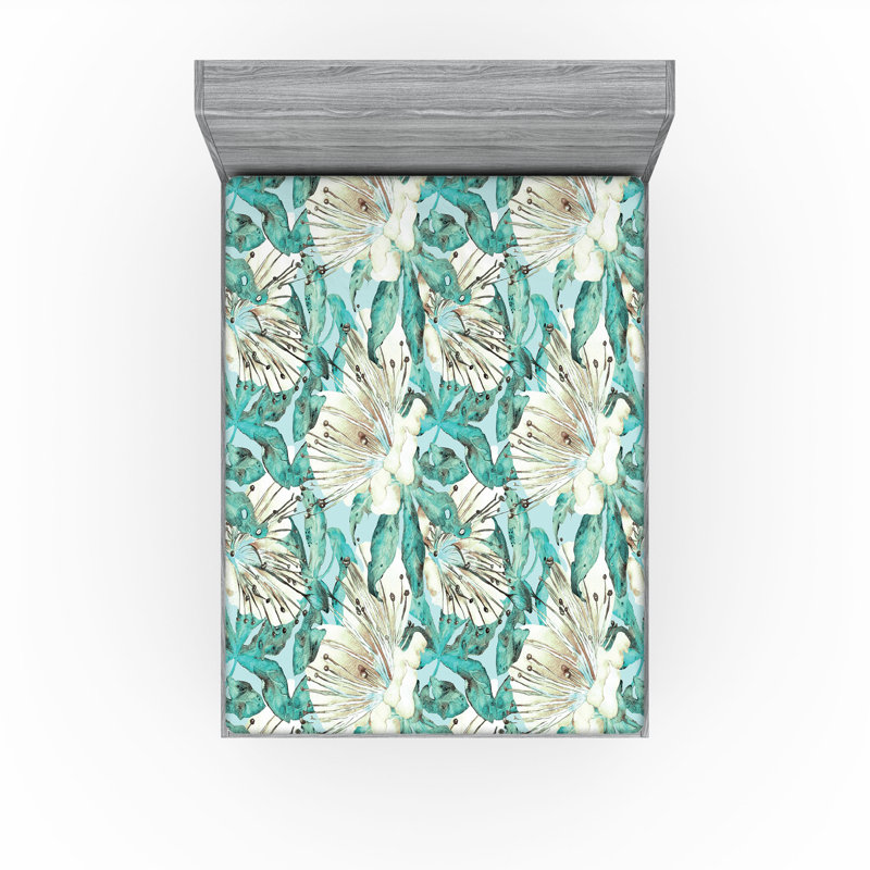 Drap-housse floral Ambesonne, Ivoire / écume de mer / motif floral turquoise, Drap-housse grand