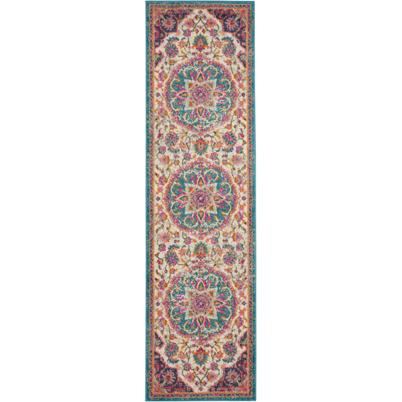 Tapis oriental ivoire / rose / bleu Verda, Tapis de couloir 2 pi 2 po x 7 pi 6 po