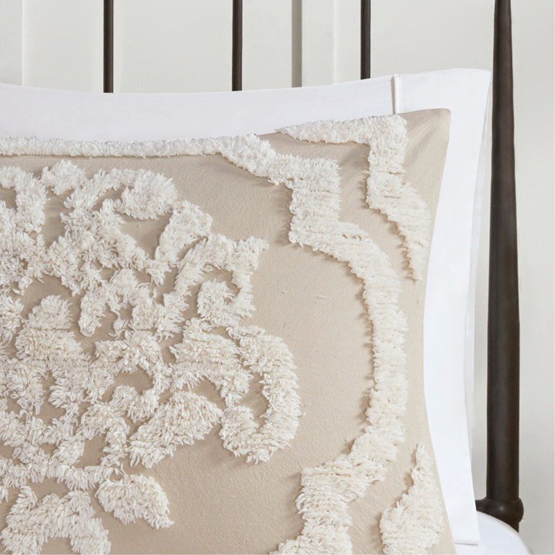 Ensemble d'édredon damassé en coton 3 pièces taupe, Taupe, Édredon double et 2 taies décoratives
