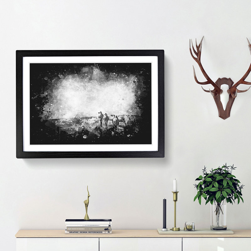 Camels On The Move Paint Splash - Picture Frame Graphic Art Print, Black Framed, 62cm H x 87cm W x 2cm D