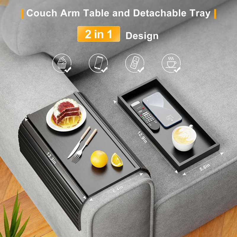 Bamboo Sofa Armrest Tray Table For Couch - 2-In-1 Couch Arm Table With Be Slide Detachable Tray - Anti-Slip Foldable Sofa Armchair Caddy For Drinks Cup Cellphone TV Remote Snacks (Bamboo)