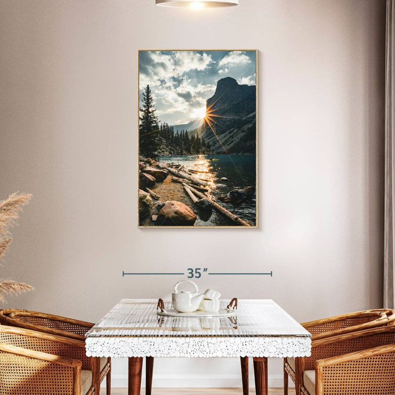 Moraine Lake Sunburst, Cadre flottant en bois naturel, 29 po x 43 po