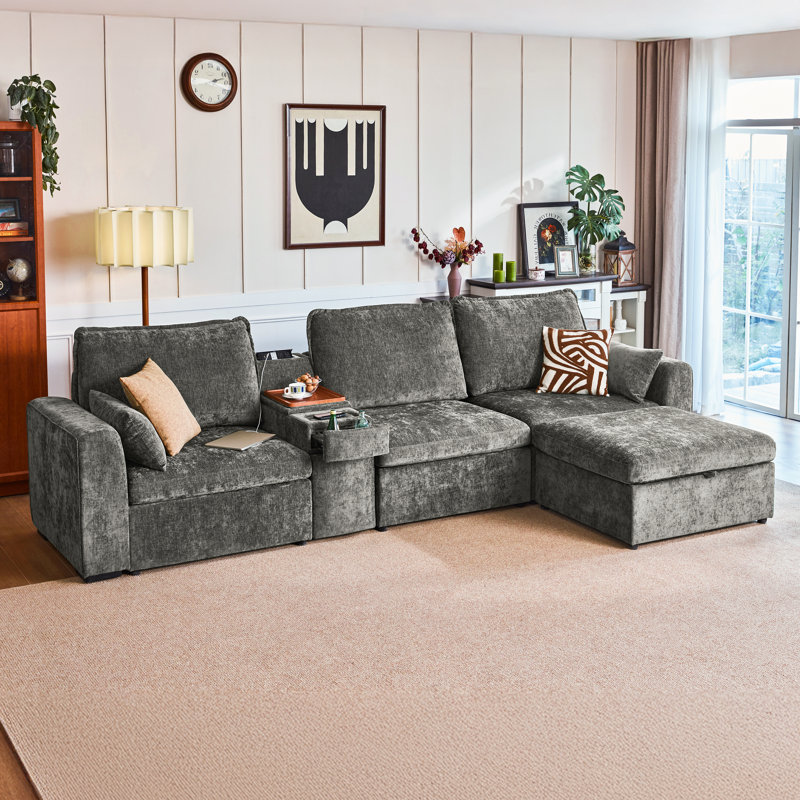 Canapé modulaire surdimensionné en L en chenille surdimensionné à 4 places avec console polyvalente, table d'appoint convertible avec porte-gobelet de rangement