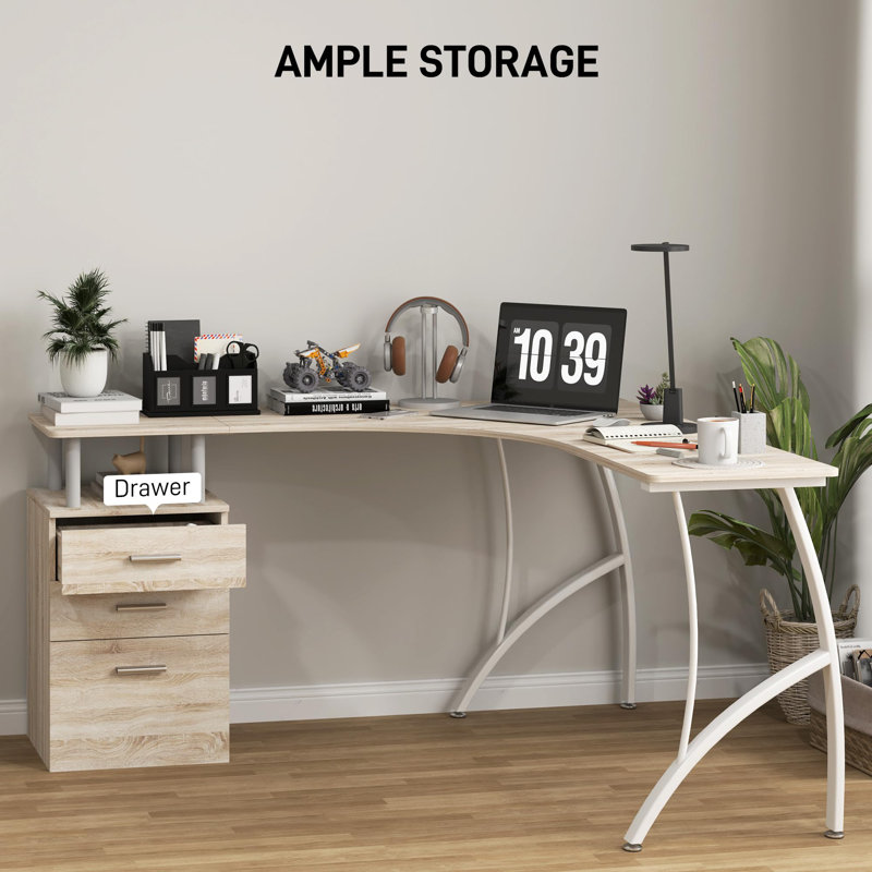 L-Shaped Metal Base Computer Desk, Oak