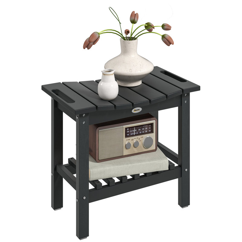 Outdoor Side Table, 2-Tier Shower Bench with Non-Slip Pads and Handles, HDPE Weather Resistant Patio End Table for Patio, Pool, Porch