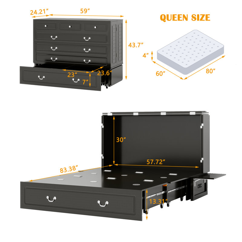 Modern Queen Murphy Bed with Storage & Built-in Charging Station - Space-Saving, Mattress Included, Black