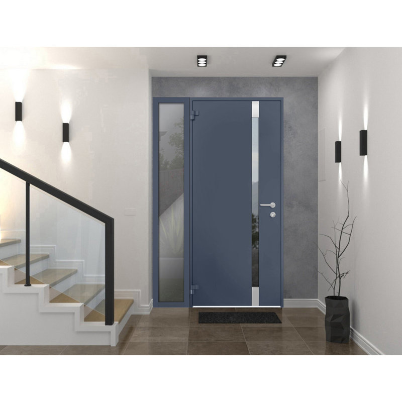 Porte d'entrée extérieure prémontée en acier Cynex 6777, grise, fenêtre latérale extérieure avec inserts en acier inoxydable, style moderne, peinte, largeur 36 + 16 po x hauteur 80 po, ouverture à droite vers l'extérieur