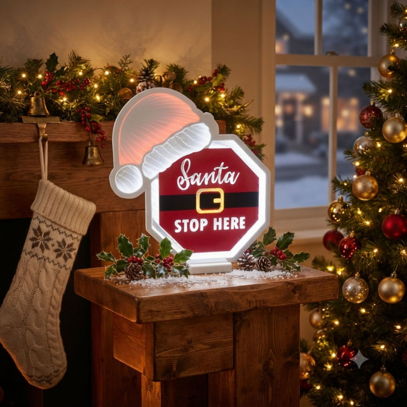 Panneau lumineux miroir infini UL Electric Santa STOP HERE 42,6 cm (16,79 po) de hauteur