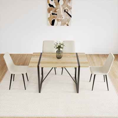 Ensemble de salle à manger 5 pièces en lin beige avec table carrée en panneau de fibres à densité moyenne brun de 55 pouces, ensemble de cuisine moderne de style Mid-Century à 4 places avec pieds en métal