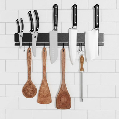 12" Magnetic Knife Holder Wall Mount With 6 Hooks, Adhesive No Drill Strip For Knives, Utensils, And Kitchen Tools, Black