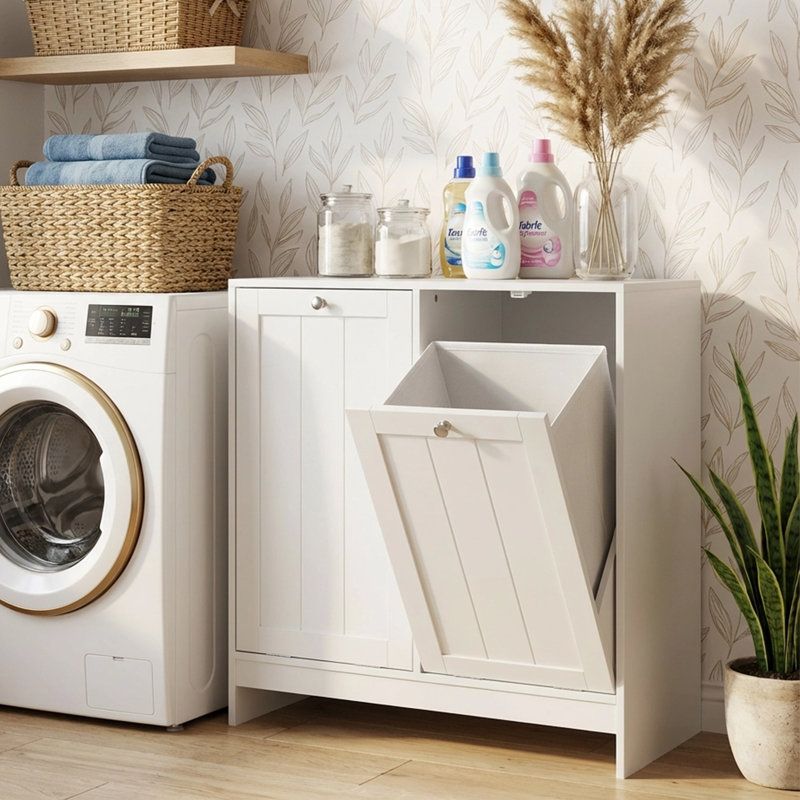 Armoire à linge avec panier amovible, panier à linge double inclinable avec 2 portes pour la salle de bain, cuisine, blanc