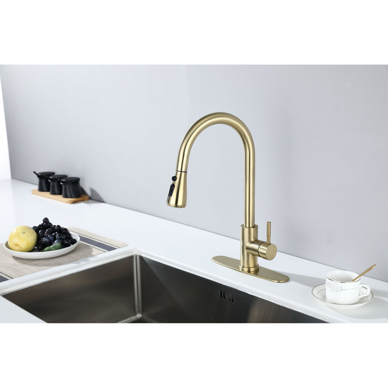 Pull Out Spray Kitchen Faucet, Brushed Gold Ornament, Stainless Steel, 360 Rotating Nozzle, Corrosion & Rust Character