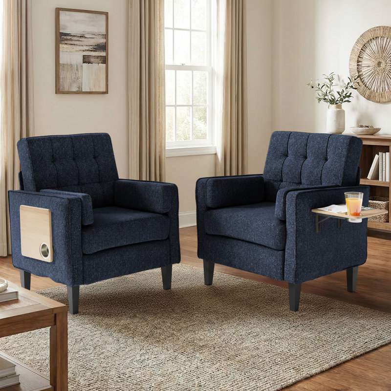 29" Wide Upholstered Solid Wood Accent Chair With Folding Side Table, Navy Blue