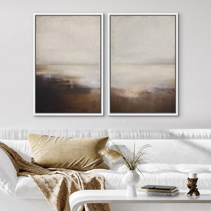 " Pastel White Swirl Pattern Collage Abstract Shapes " 2 - Pieces on Canvas, White Framed, 24'' H x 16'' W