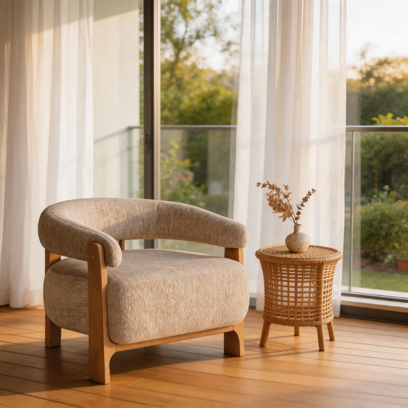 Fauteuil d'appoint de style tonneau, milieu du siècle, avec accoudoirs incurvés et structure en bois, Amande