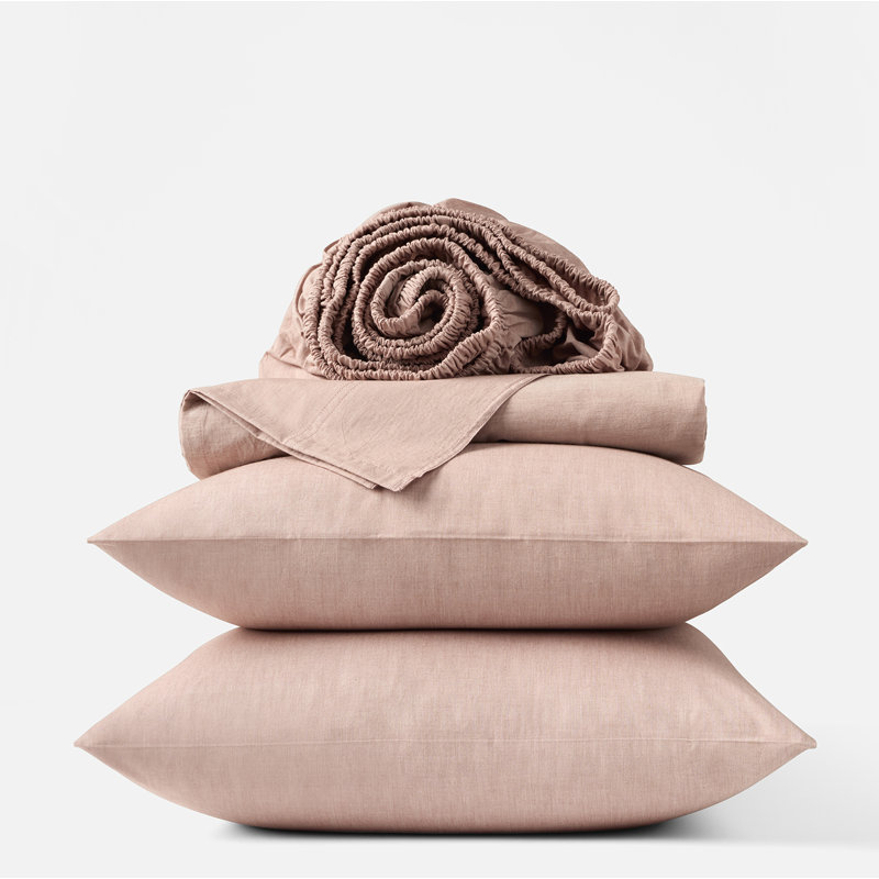 Organic Crinkled Percale Sheet Set, Twin Sheet Set with 1 Pillowcase, Praline Chambray