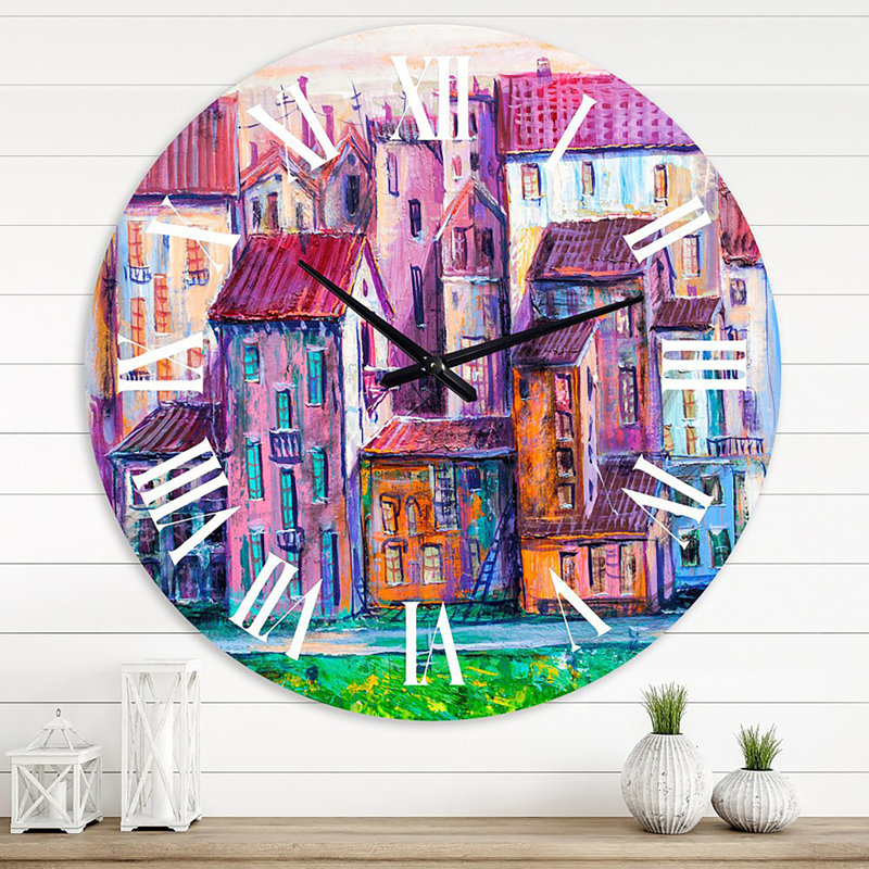 Street With Colorful Old Homes - Horloge murale moderne, Surdimensionné