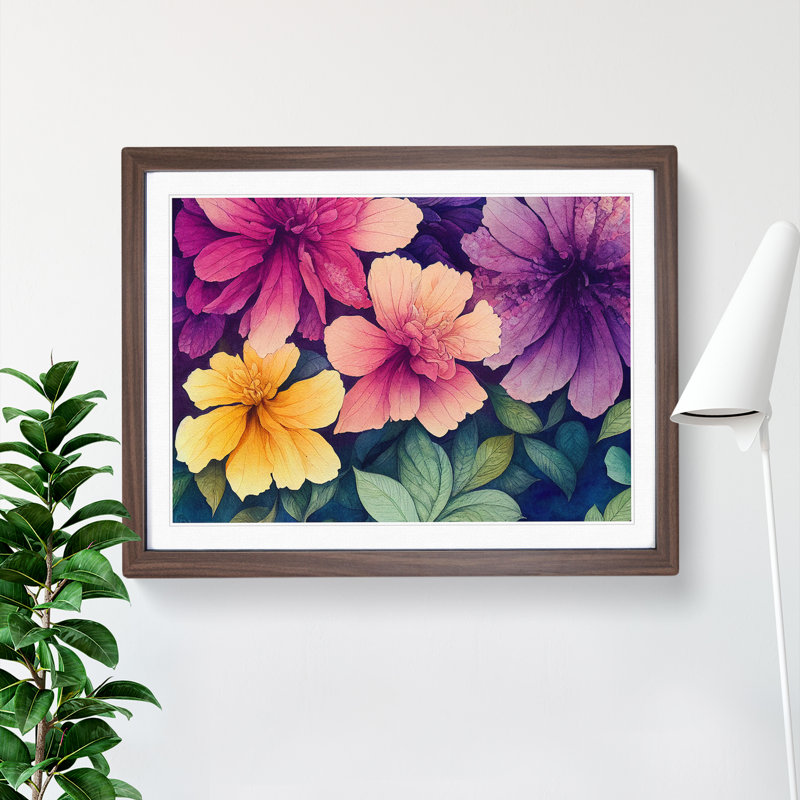 Watercolour Flowers - Single Picture Frame Print, 34cm H x 46cm W x 2cm D, Walnut Framed