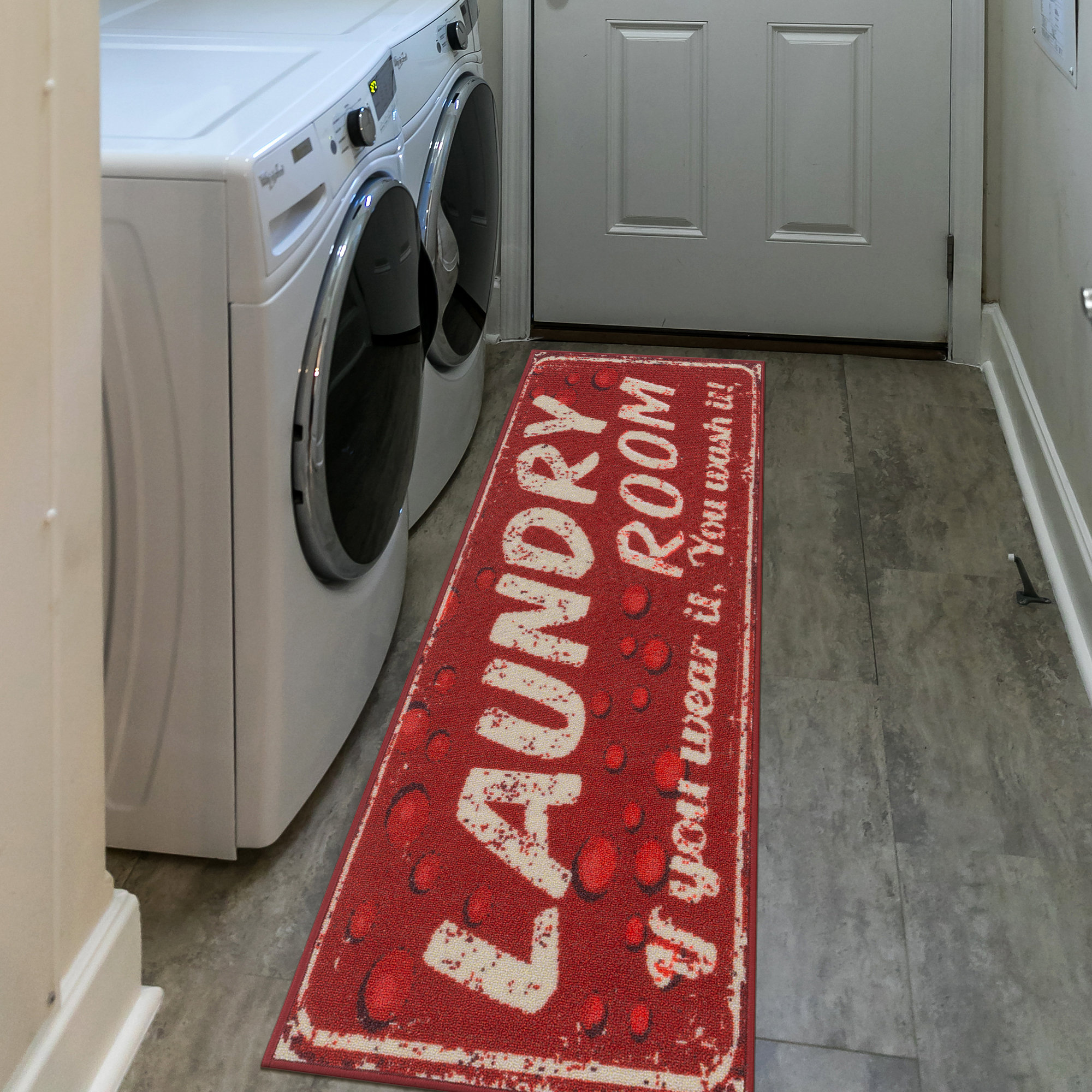 Ottomanson Machine Washable Non-Slip Rubberback Red Laundry Room Runner ...