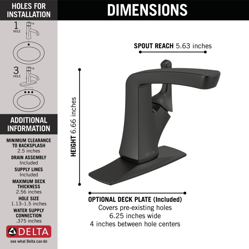 Robinet pour salle de bain à un trou avec drain Vesna, robinet de salle de bain à poignée simple, Noir mat