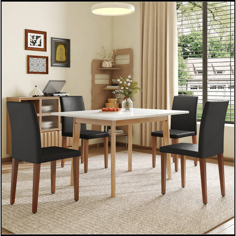 Ensemble de table et de chaises. Plateau de table en pierre frittée blanche, pieds en bois d'hévéa, bureau d'ordinateur pliable, bureau pliable. Comprend 4 chaises de salle à manger en polyuréthane noir avec pieds en métal de couleur noyer.