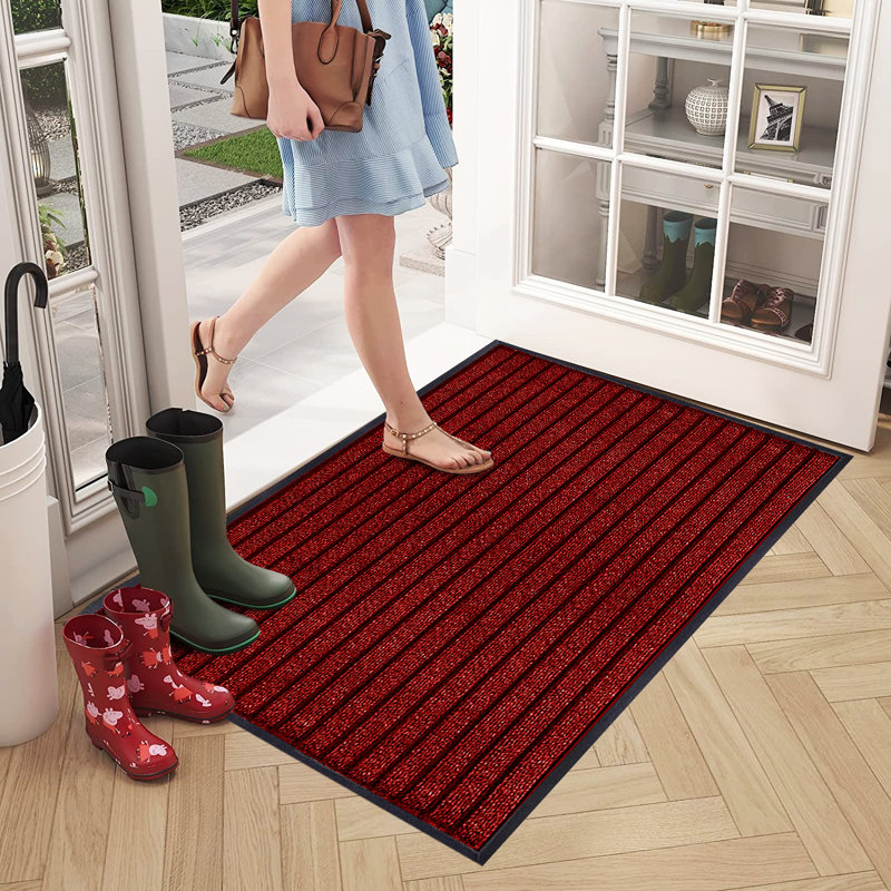 Kiyarah Non-Slip Striped Indoor / Outdoor Doormat, Rectanguar 120 x 150cm , Burgundy