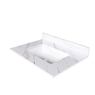 Dessus de meuble-lavabo blanc 31 po - Pierre frittée avec lavabo rectangulaire encastré, dosseret de 4 po, trous de robinet pré-percés élégants et fonctionnels en marbre
