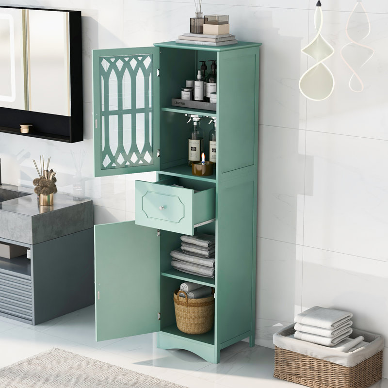 Tall Bathroom Cabinet, Freestanding Storage Cabinet With Drawer And Doors, MDF Board, Acrylic Door, Adjustable Shelf, Green