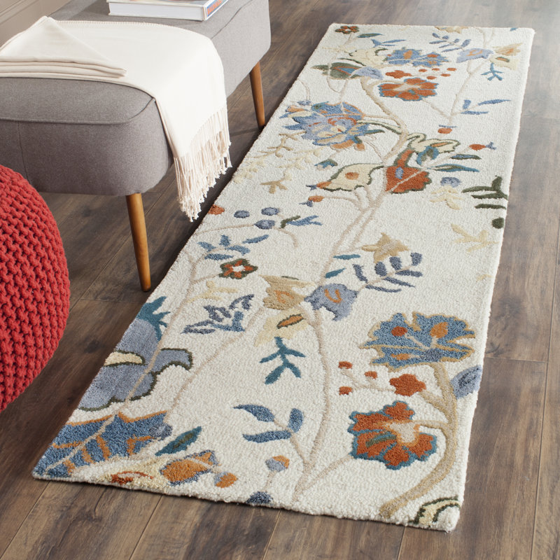 Tapis bleu en laine / coton / latex touffeté à la main Skelmersdale, Tapis de couloir 2 pi 3 po x 8 pi