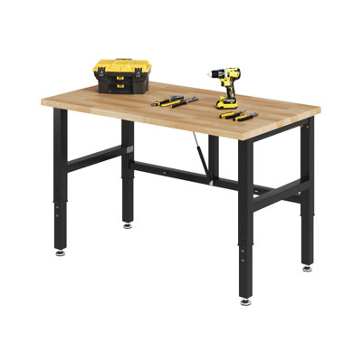 Adjustable Height Folding Workbench with Rubberwood Top, 34.7"-40" H, Foldable Work Table for Garage Workshop & Home Office