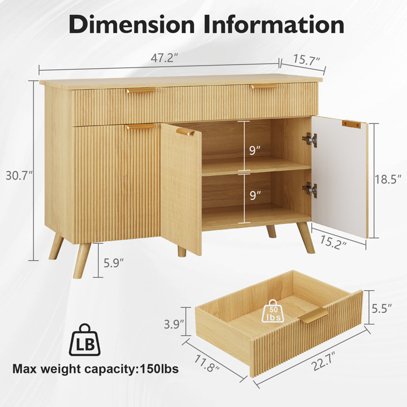 47'' Dresser For Bedroom 2 Drawers & 3 Doors, Tall Chest Of Drawers, Boho Dresser TV Stand, Wide Organizer For Bedroom, Living Room