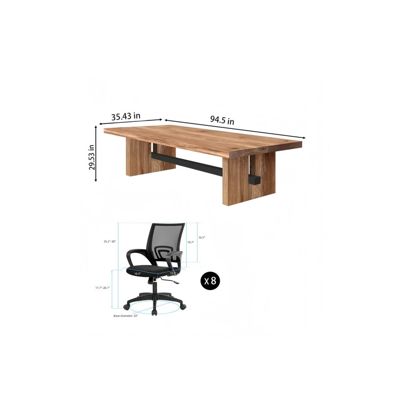 Ensemble de bureau pour 8 personnes, table de conférence moderne en bois massif de style industriel avec chaise de bureau noire 