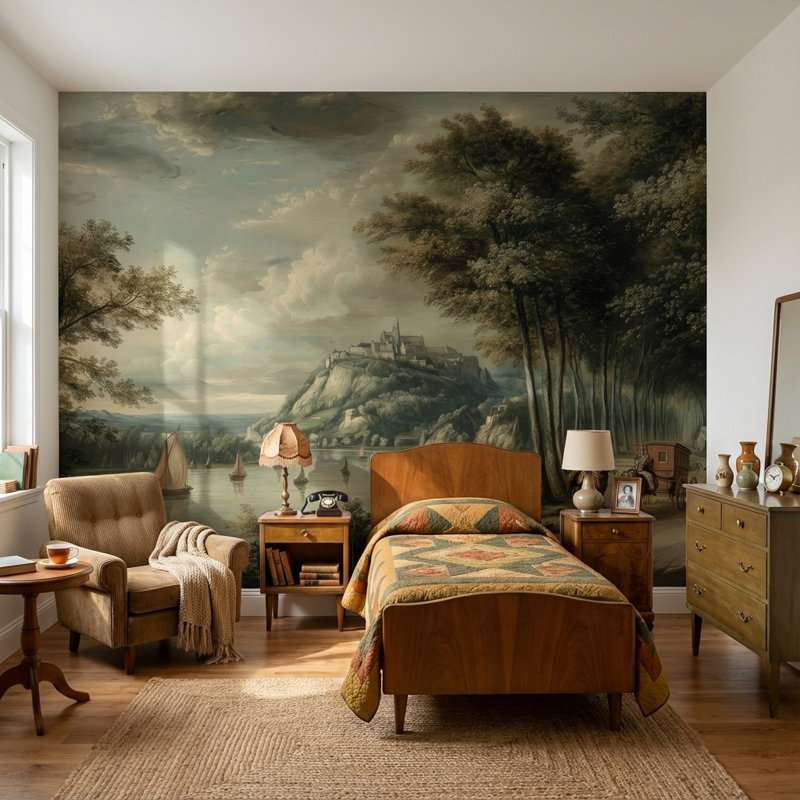 Papier peint paysage château voiliers fresque murale, 200"x120", Non-Woven Nonpasted