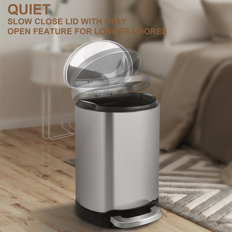 1.6 Gallon Brushed Stainless Steel Semi-Round Step-On Trash Can