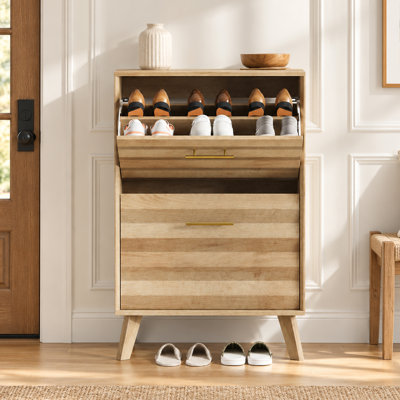 23.6'' Slim Shoe Storage Cabinet with 2 Flip Drawers and Solid Wood Legs