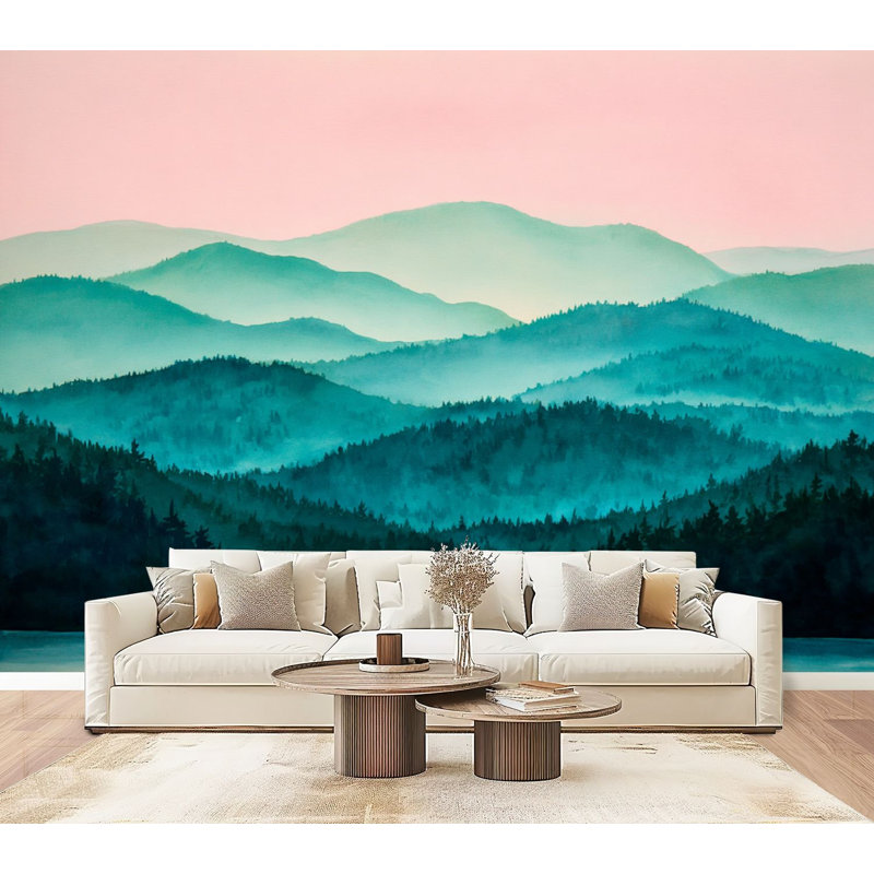 Papier peint adhésif aquarelle forêt, aquarelle calme, montagnes brumeuses, lac réfléchissant, H 69 po x l 96 po, papier peint amovible en PVC, autocollant pour chambre à coucher, bureau à domicile