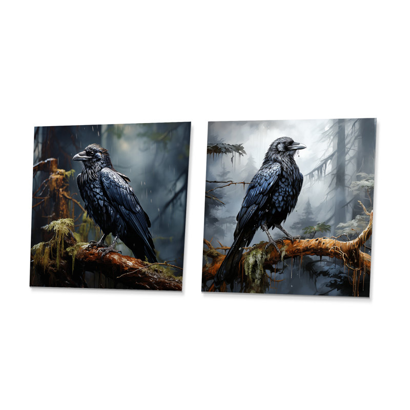 Black Raven Forest Guardian I - Raven Metal Wall Art Prints Square Set Of 2, 16" H x 32" W