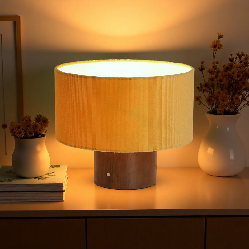 Lampe de table à contrôle tactile 11,8 po avec abat-jour en velours orange et base en bois massif, homologuée UL, douille E26 pour chambre à coucher, salon ou salle d'étude