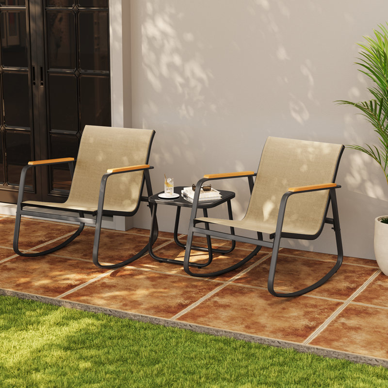 3 Piece Outdoor Patio Set with PVC-coated polyester Rocking Chairs and Solid Wood Armrests, White
