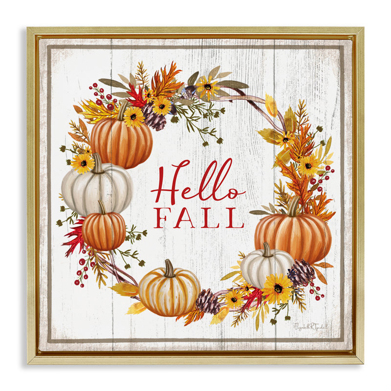 «Rustic Hello Fall» par Elizabeth Tyndal, Cadre flottant métallique doré, H 18 po x l 18 po