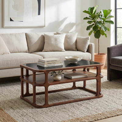 Rectangular Coffee Table with Wood Shelf and Marble Top, Mid-Century Modern Living Room Table in Walnut Wood Finish, Small Storage Coffee Table, 40"