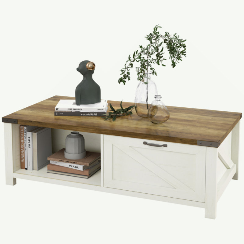 Farmhouse Coffee Table With Storage And Drawer, Rustic Coffee Table For Living Room, Open Shelf, White