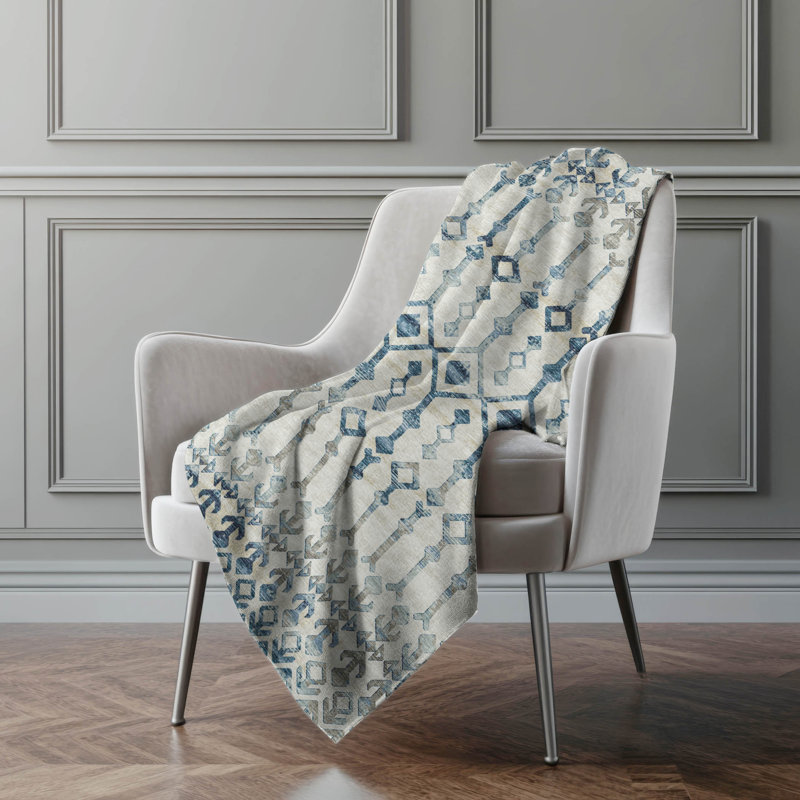 Addison Machine Washable Sherpa Boho Throw Blanket, Ivory Geometric